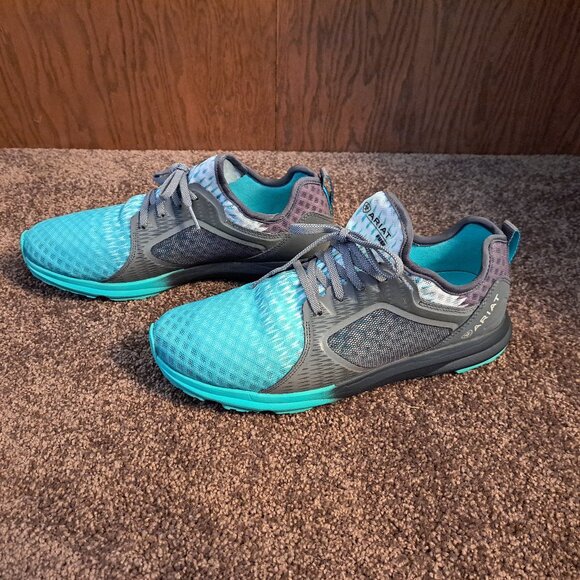 Ariat Women's Fuse athletic shoe in a turquoise and gray ombre mesh design. - Picture 7 of 9